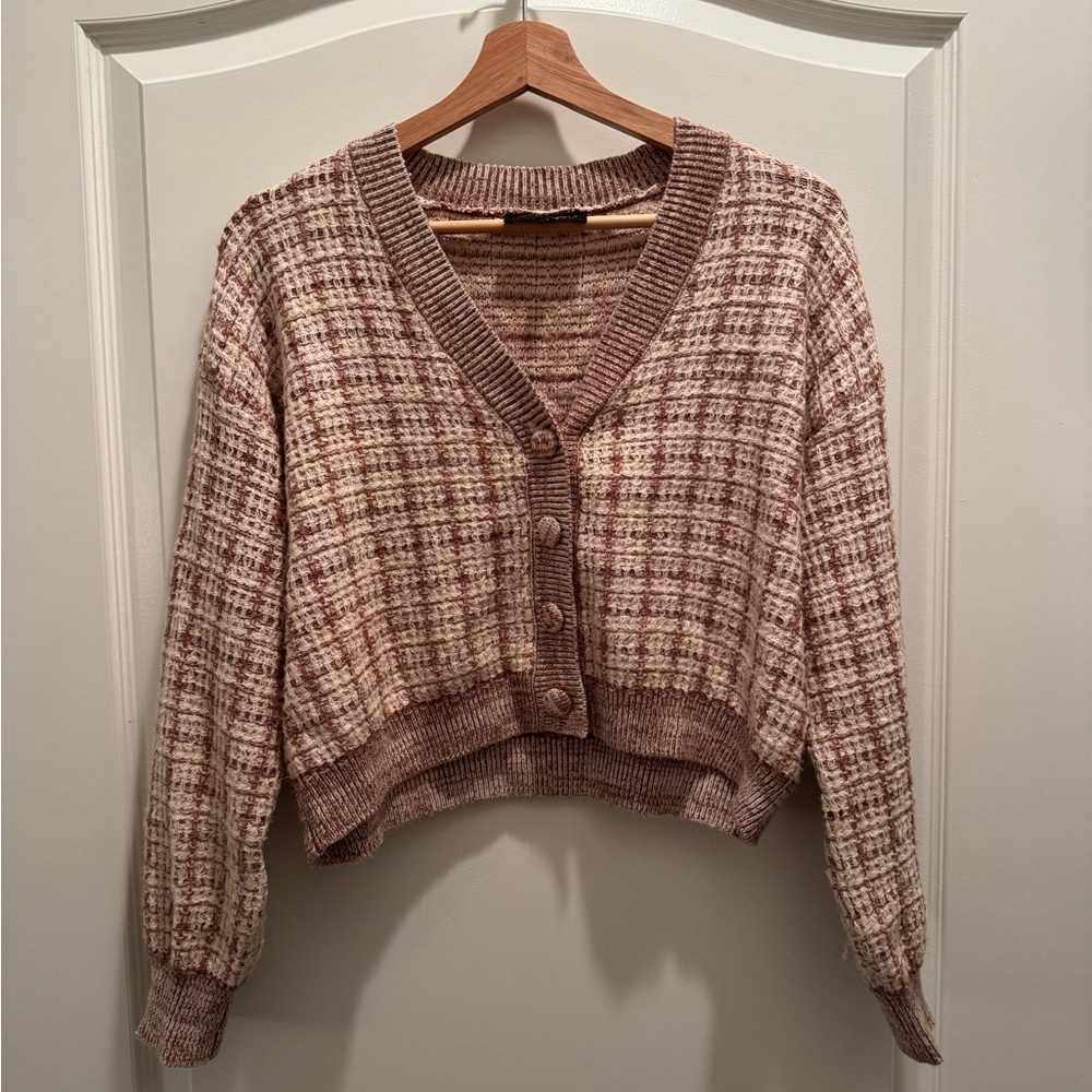 Brown and White Plaid Button-Up Women Sweater
